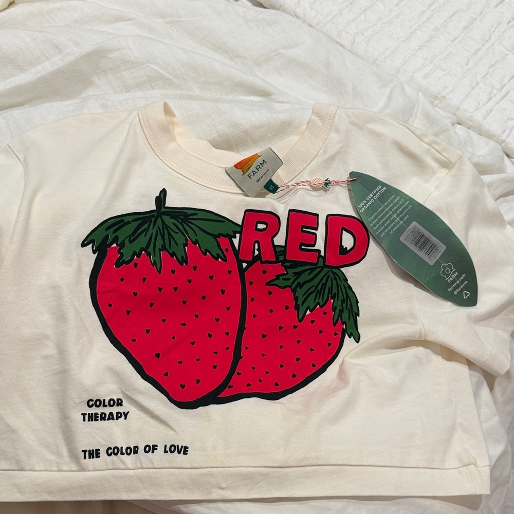 FARM Rio Cream Tee with Bold Red Strawberry Graphic